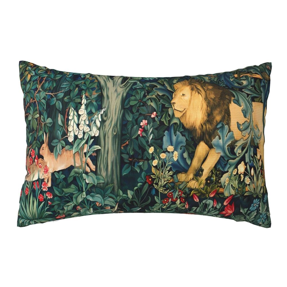 3240 William Morris Animals Lion and Hares Blue Green Floral Throw Pillow